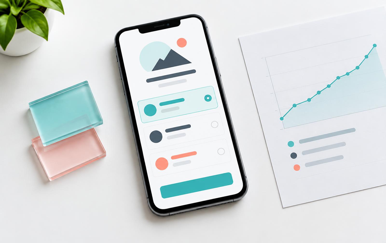Phone with a subscription offer beside paywall design variants and an analytics chart