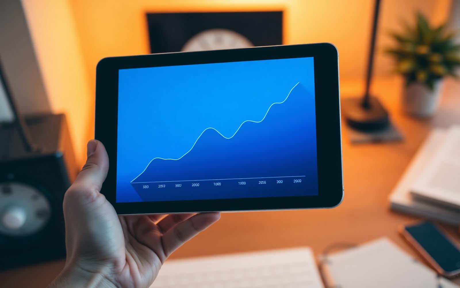 Tablet displaying a rising revenue line chart in sky blue