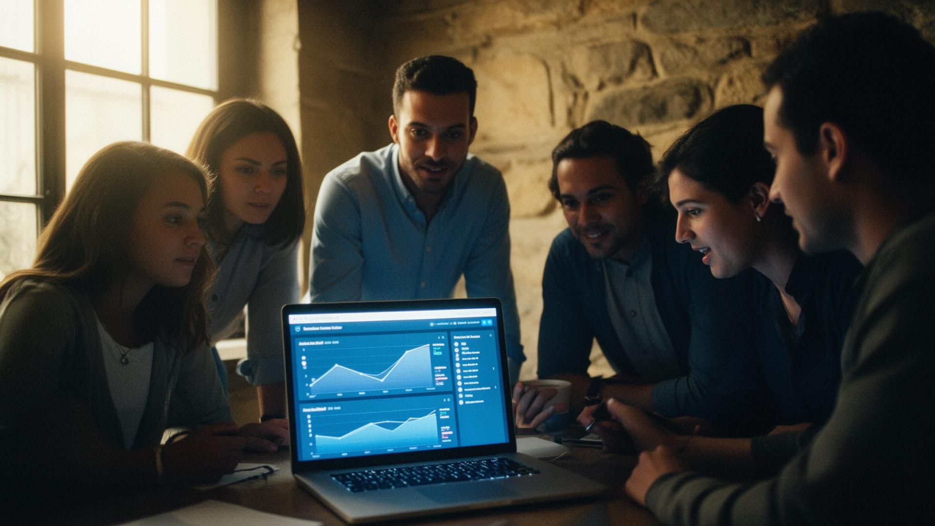 Monetization team gathered around a laptop reviewing analytics